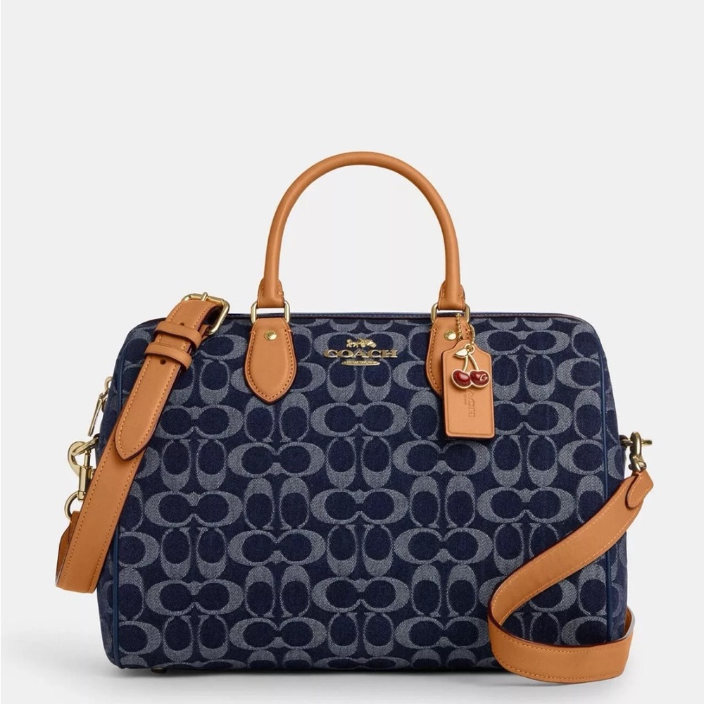 Coach Rowan Denim Blue and Tan Satchel with Signature Pattern